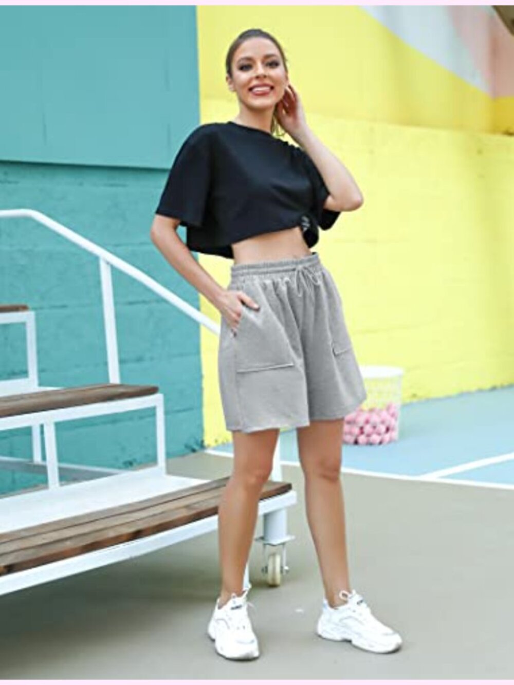 Women's High Waisted Sweat Shorts Loose Fit Bermuda Pockets Drawstring 7" Inseam - Picture 2 of 6